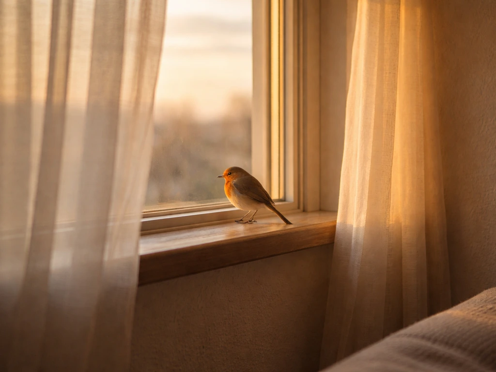 A robin perched on an indoor windowsill at dawn, with golden light through sheer curtains.