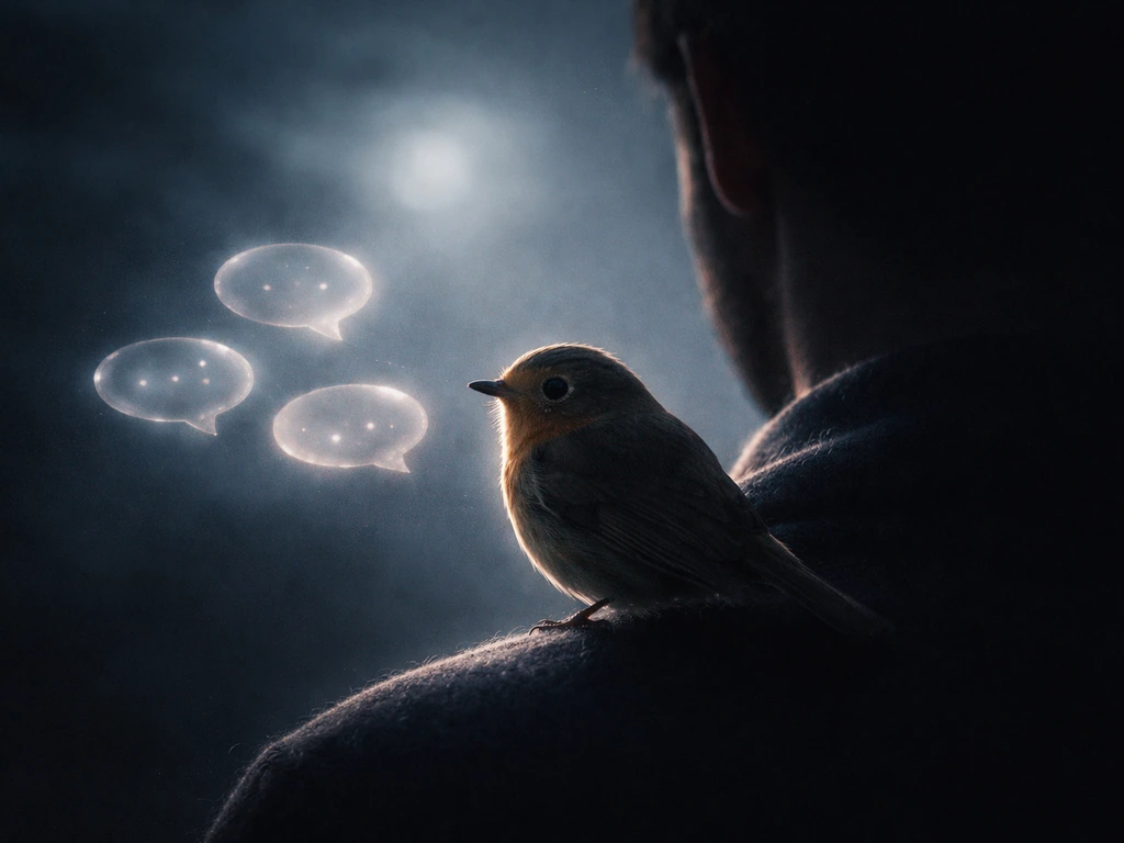 A small bird perches beside a human silhouette as faint glowing speech-bubbles suggest dream messages in the air.