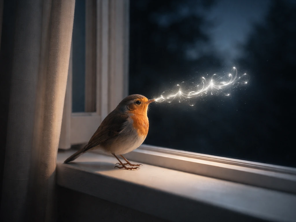 A small bird on an open night window with glowing air-mist light shapes suggesting speech.