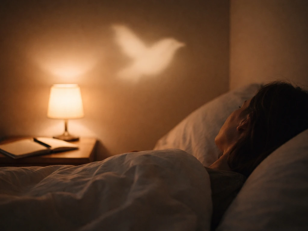 Person in bed at night, dream journal beside them, soft bird-shaped light projected on the wall