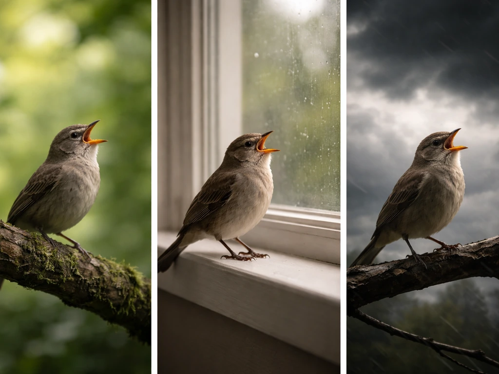 Three minimal frames showing the same small talking-bird silhouette in a forest, by a window, and in storm clouds.