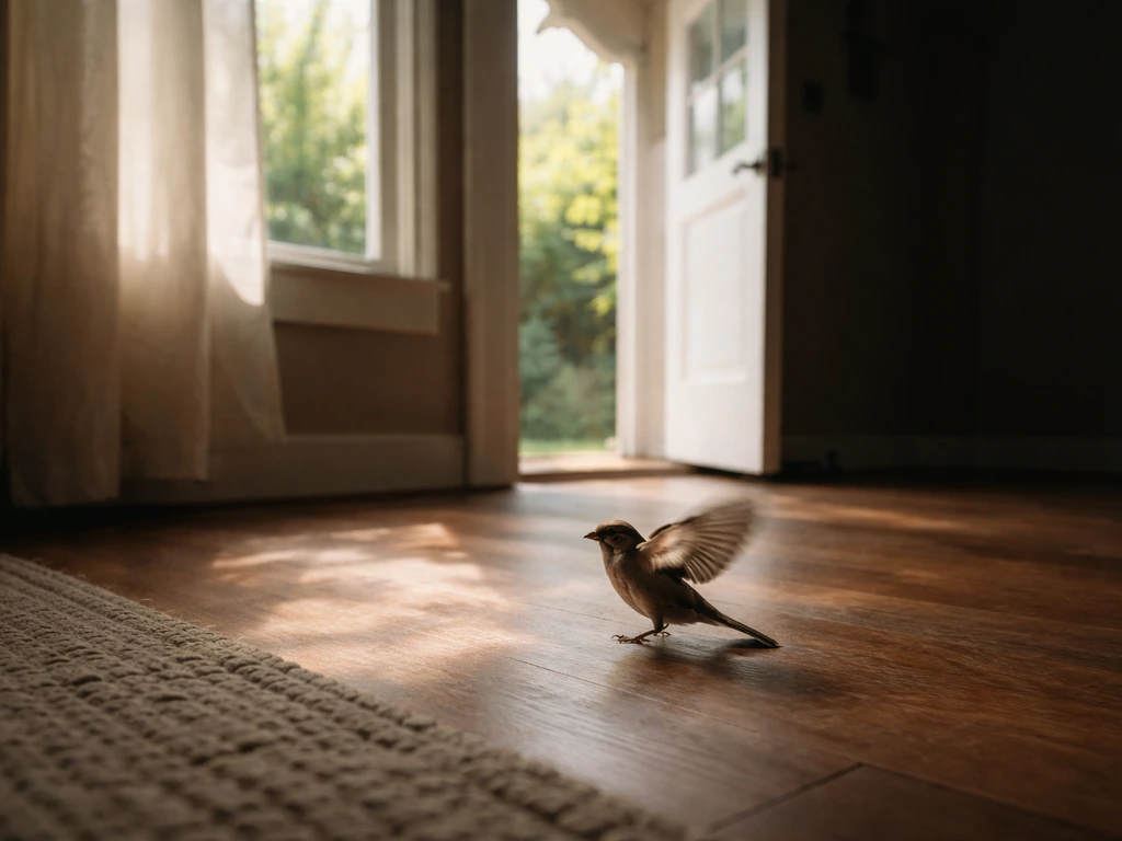 A small trapped bird inside a room near an open window or door letting in sunlight.