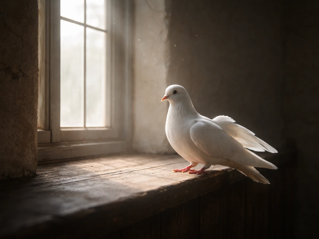 A white dove perched near a softly lit window, symbolizing biblical and spiritual presence.