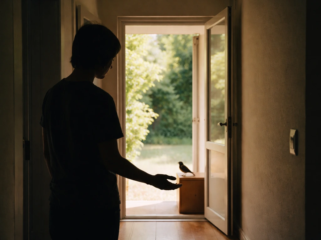 Silhouetted adult gently guiding a frightened bird toward an open door and dimmed lights to exit safely