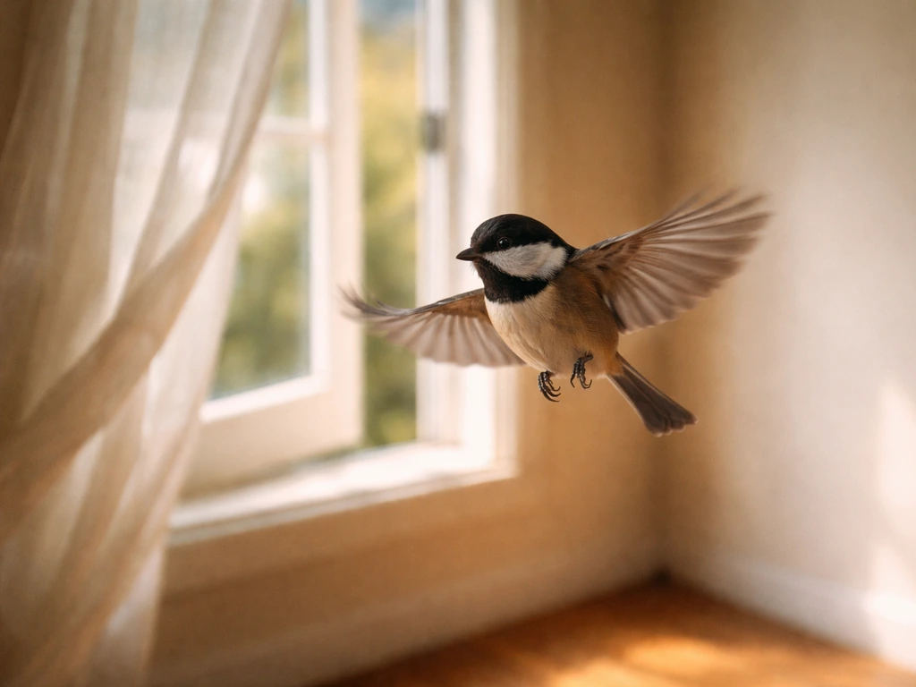 A small bird flying indoors near an open window, lit by warm natural light and soft curtains.