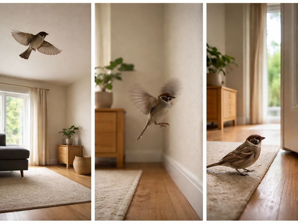 Split-screen of a bird calmly circling, then fluttering frantically, then landing near a doorway indoors.