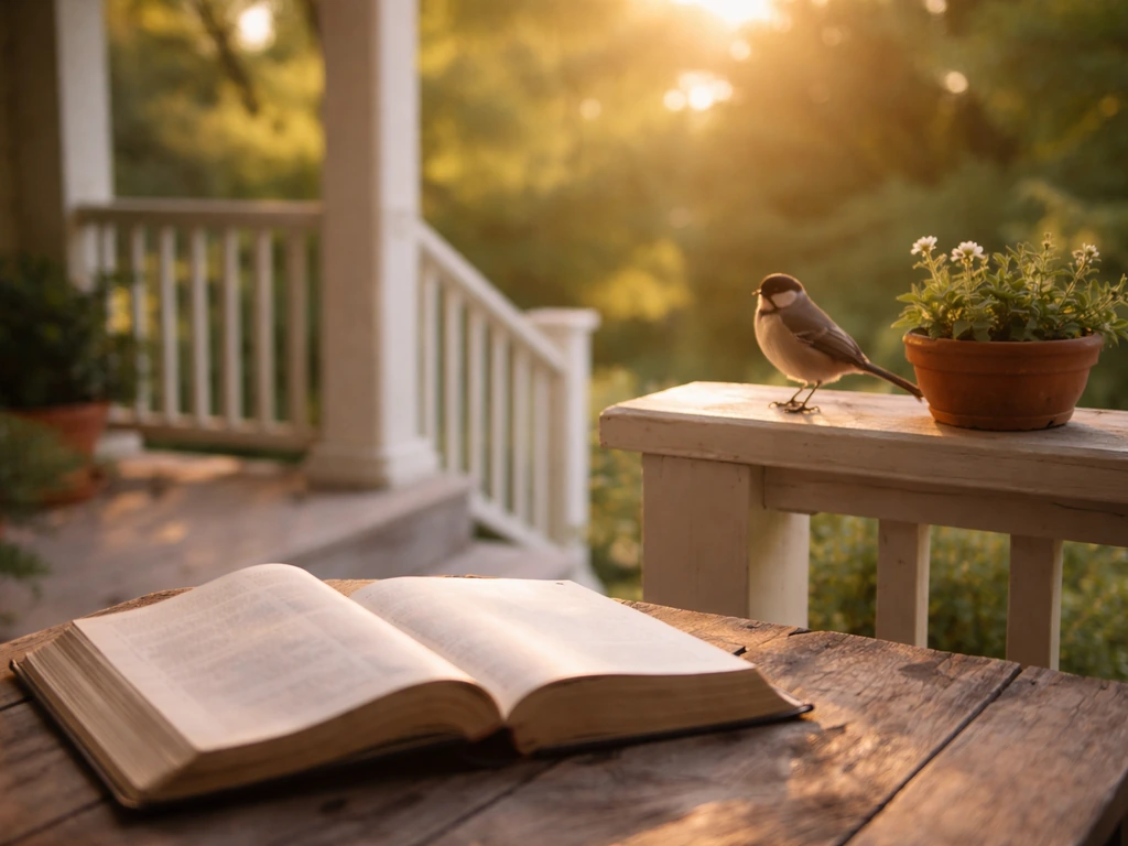 Serene porch with a small bird perched near an open study Bible on a wooden table