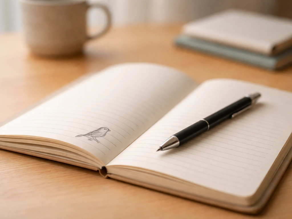 Open journal on a wooden desk with a pen and a small bird-themed sketch or feather on the page.