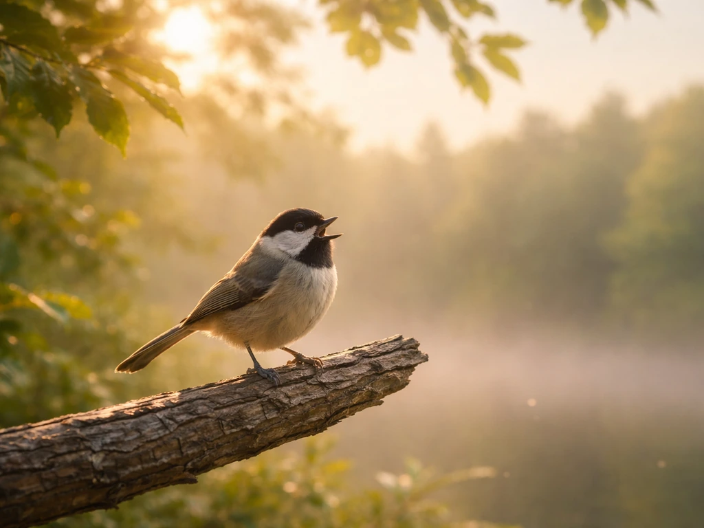 A small bird perched mid-chirp in soft morning light on a quiet branch