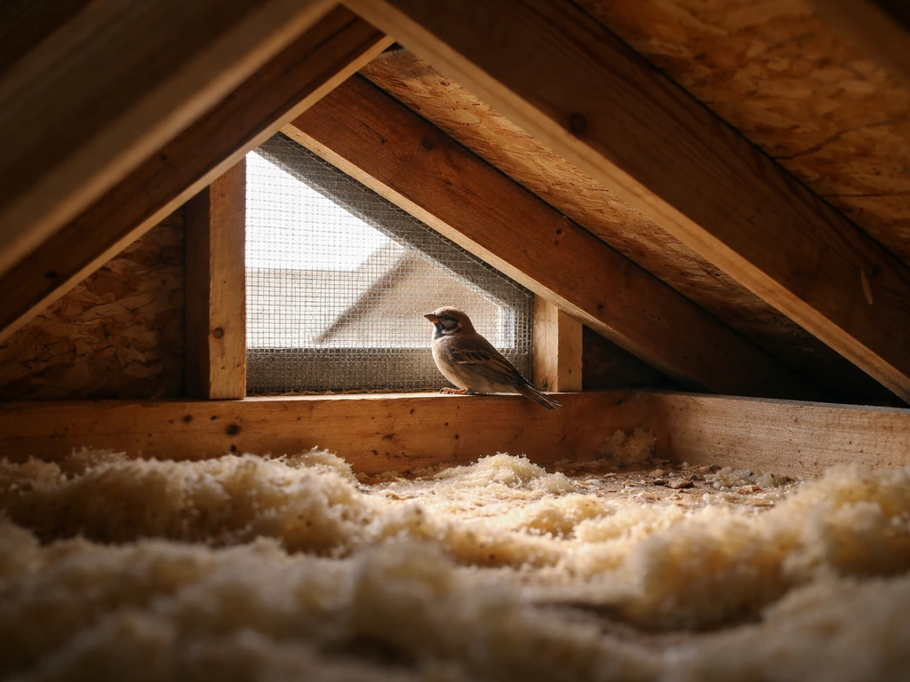 Live bird perched near attic roof ventilation, wide view of rafters and sloped roof opening