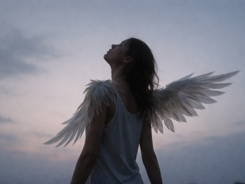 Twilight scene of a person partially transforming into a bird, with feathers and wings emerging against the sky