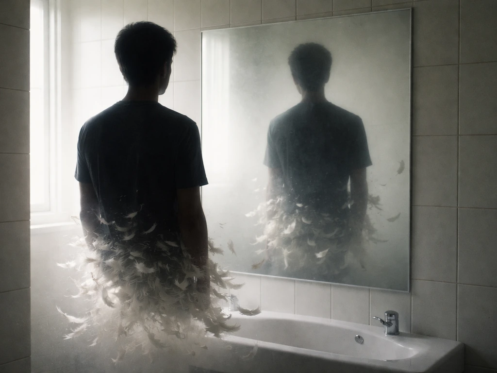 A fragmented human figure dissolves into feathers in a mirror reflection, symbolizing identity change.