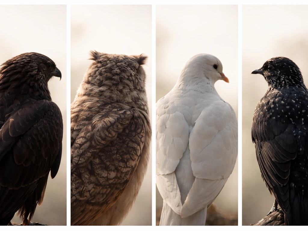 Minimal close-ups of bird feathers and silhouettes arranged side-by-side: eagle/hawk, owl, dove, and starling.