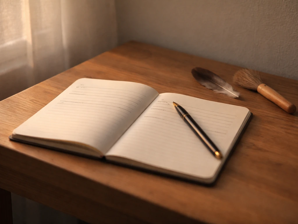 Open notebook dream journal with pen and a small feather beside an ink-brush on a bedside table.