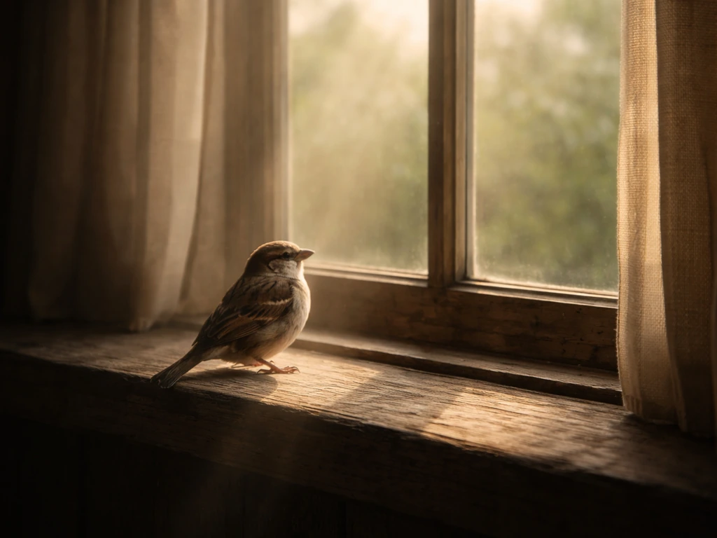 A small bird perched on a quiet window sill at dawn, symbolically suggesting spiritual protection.
