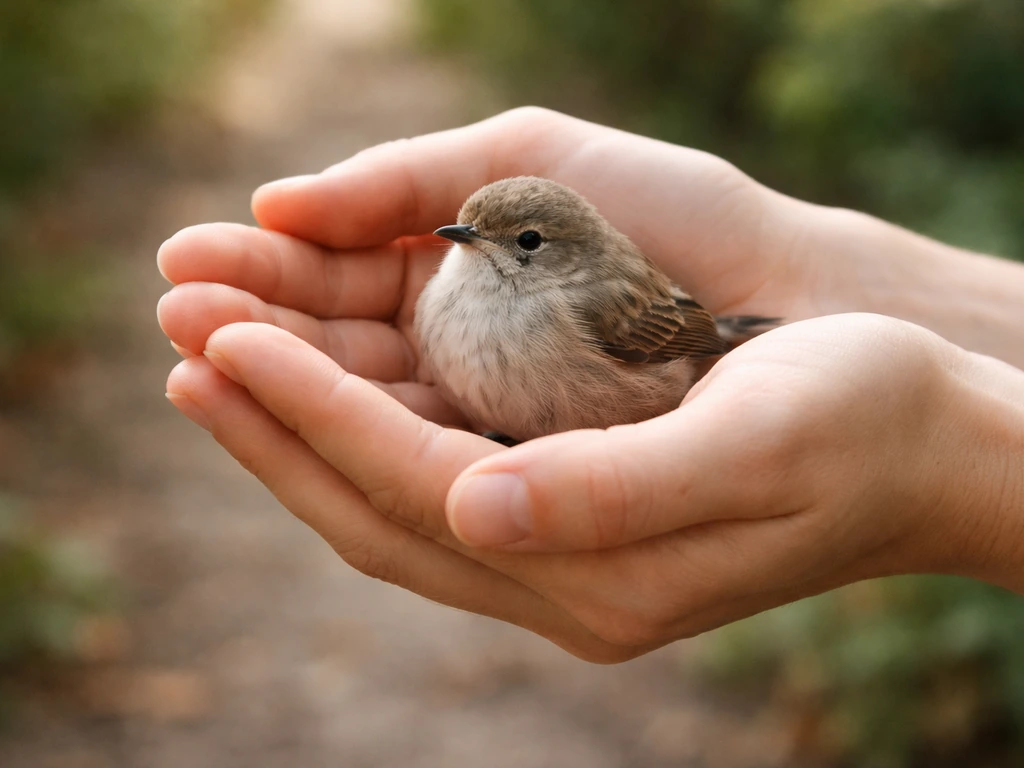 A calm small bird resting in cupped hands in soft natural light, peaceful and safe.