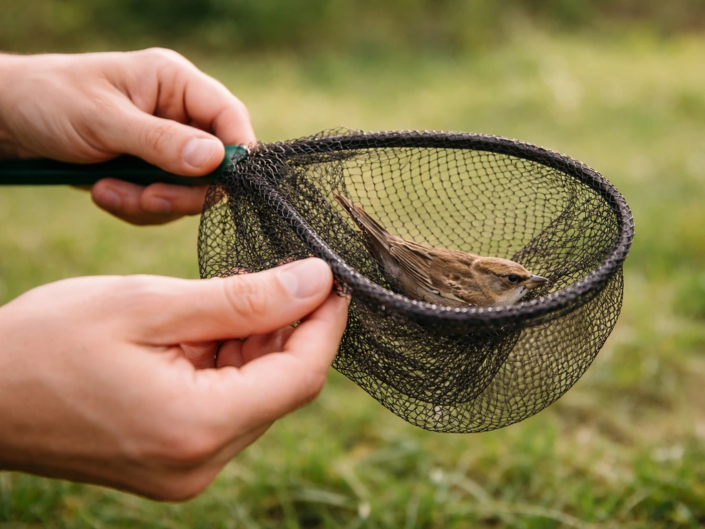 Close-up of careful hands guiding a small net to catch a bird, with blurred greenery behind.
