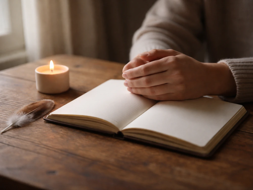 Open journal with candle and feather beside gentle hands, symbolizing prayer and journaling after a dream.