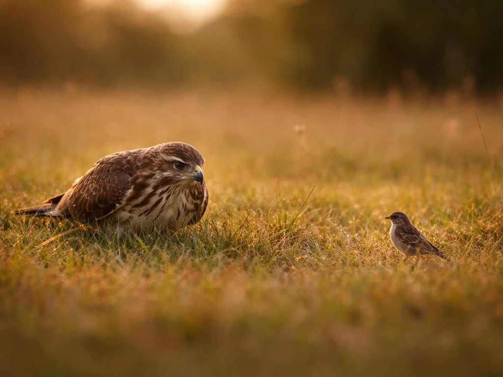 Larger predator bird and smaller prey bird in an open field, shown with clear size difference.