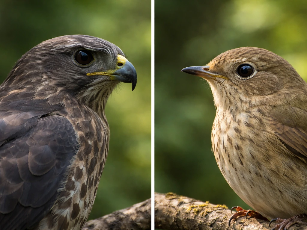 Side-by-side close-up bird details: a dark raptor-like silhouette and a lighter songbird silhouette with different color