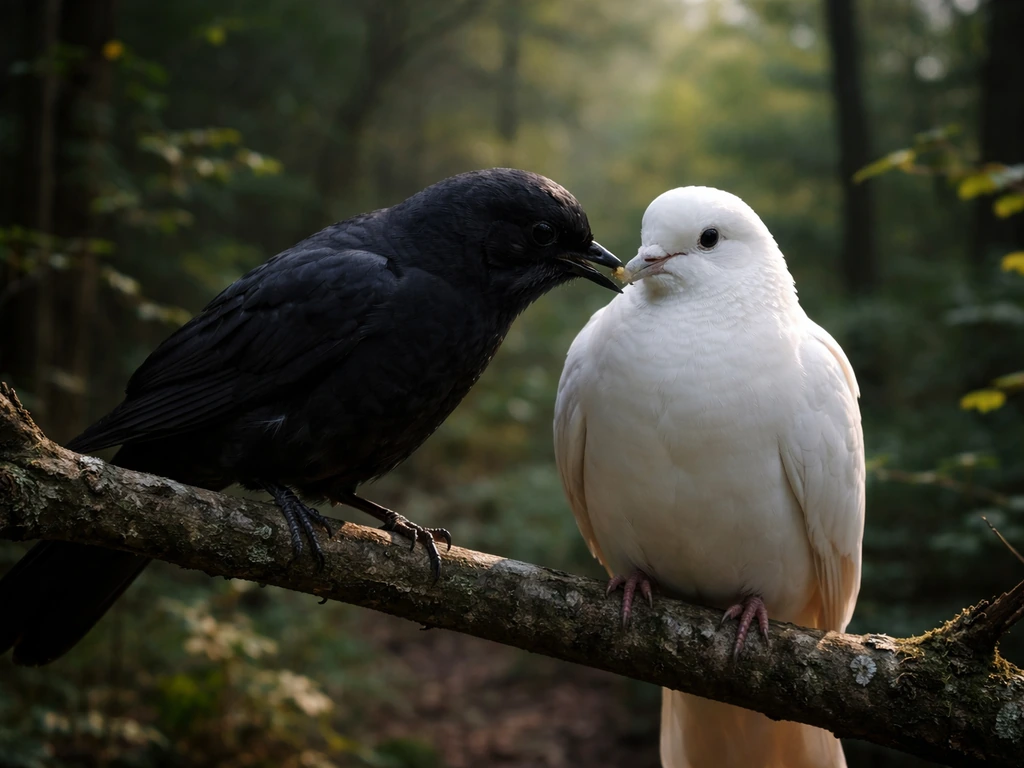 A dark bird perched beside a white bird on a branch, strong shadow-vs-innocence contrast.