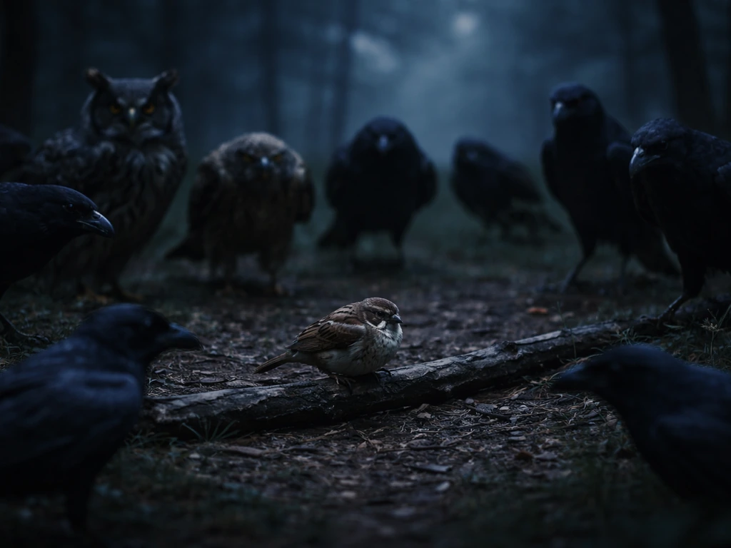A small vulnerable bird perched on a branch while several larger predator birds hover nearby, outnumbering it.