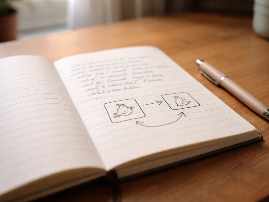 Open notebook on a wooden desk with a simple two-bird doodle diagram and a pen in natural light.