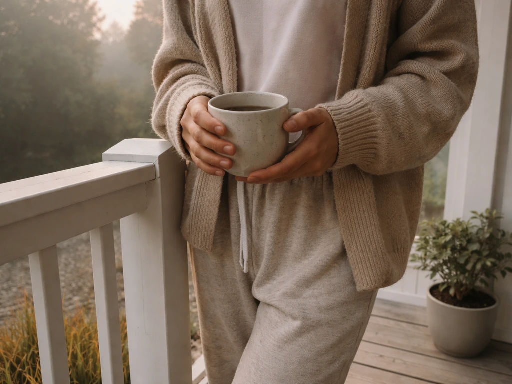 Person stepping outside with a warm mug, hands wrapped for comfort after a disturbing dream
