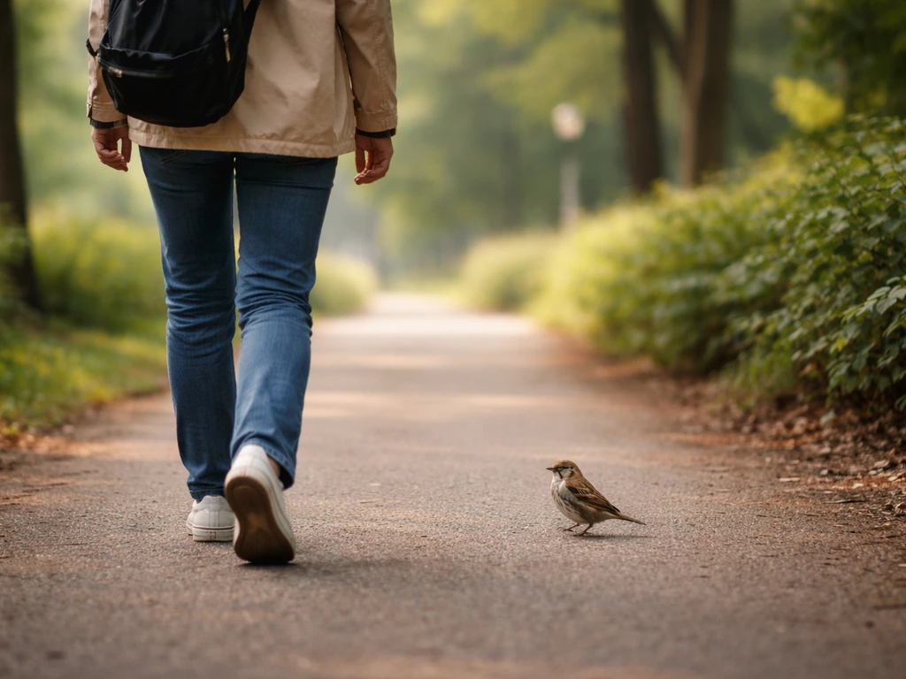 A small bird follows closely behind a person walking on a quiet park path.