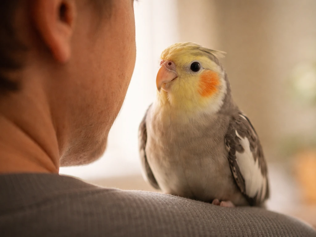Small bird perched on an anonymous person’s shoulder, making eye contact and showing strong bonding.
