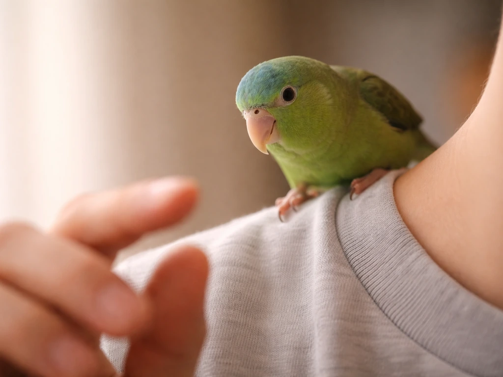 Small pet parrot steps near and tracks an owner’s movement on the shoulder.