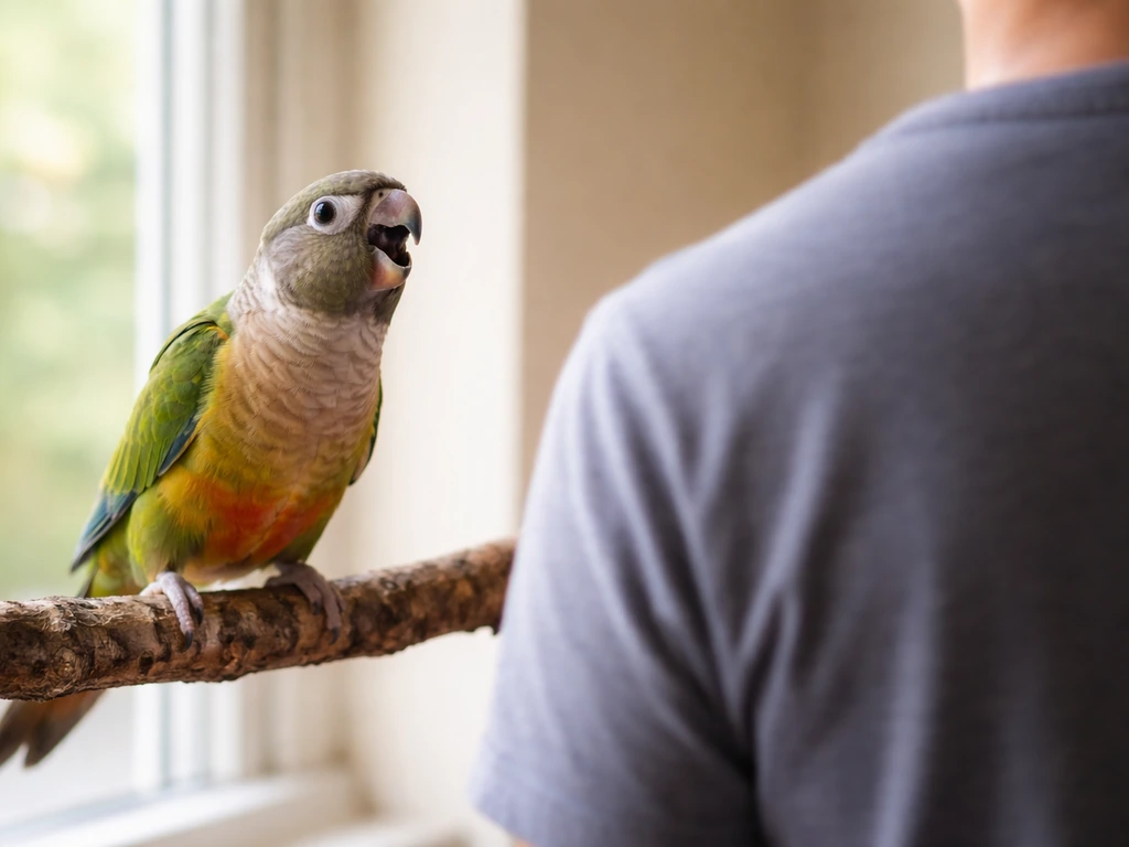 Small bird on a perch facing an owner who just stepped away, beak open as if calling back.