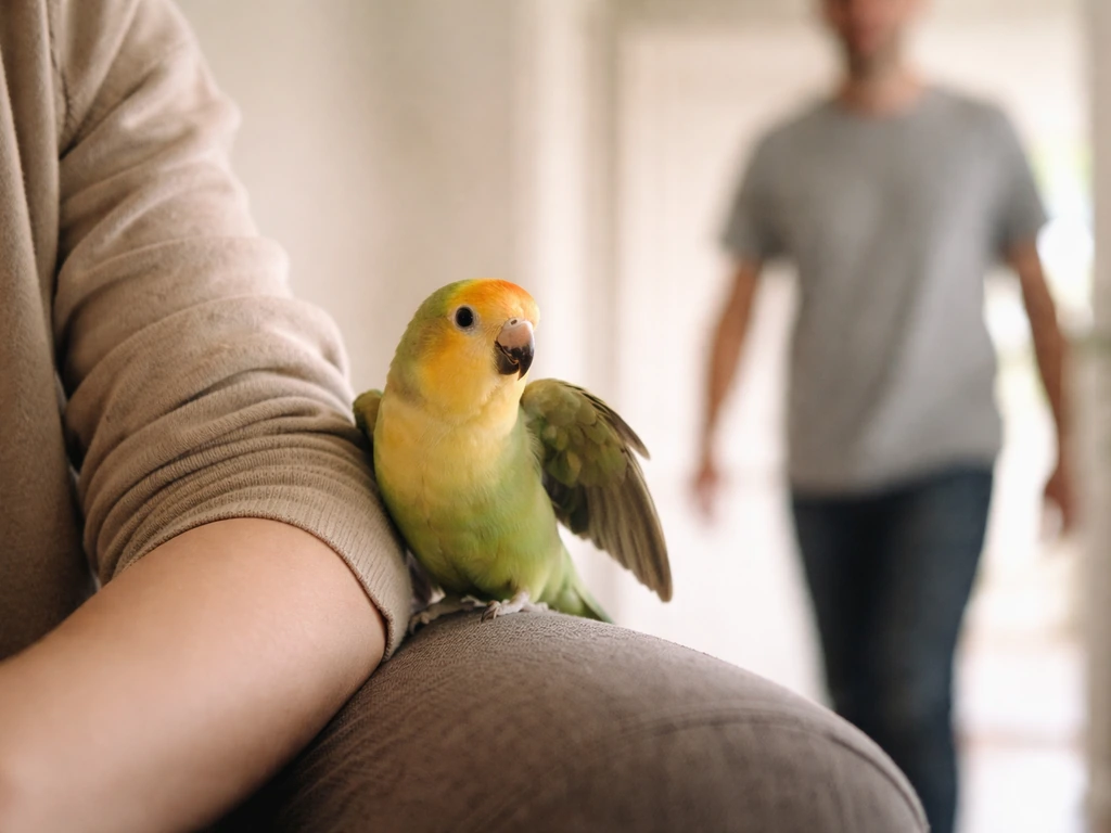 Imprinted pet bird guards its owner’s side as another person approaches in the background.
