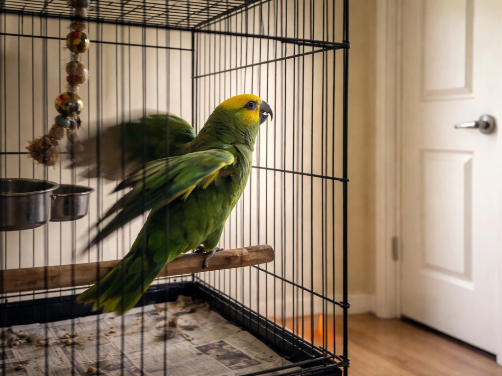 Frantic pet parrot in its cage, wings spread, reacting immediately after the door closes.