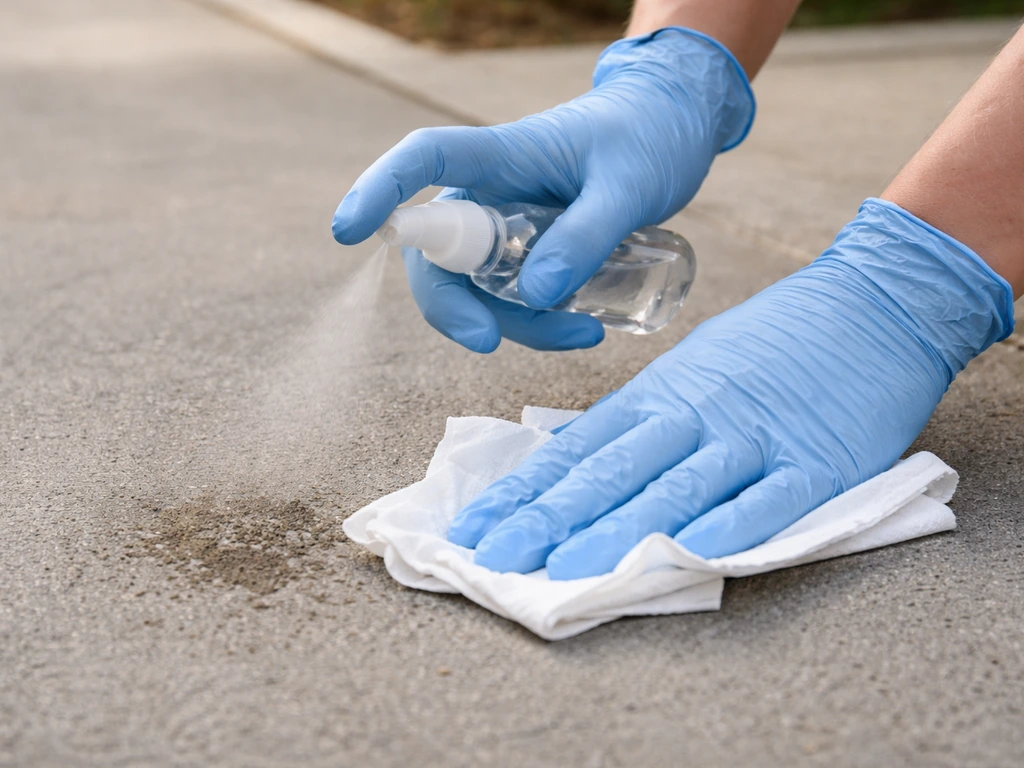 Gloved hands using paper towels and disinfectant spray to clean up bird droppings on a sidewalk