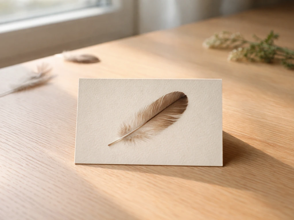 Minimal photo of a single bird-feather themed card on a desk with soft symbolic ambiance