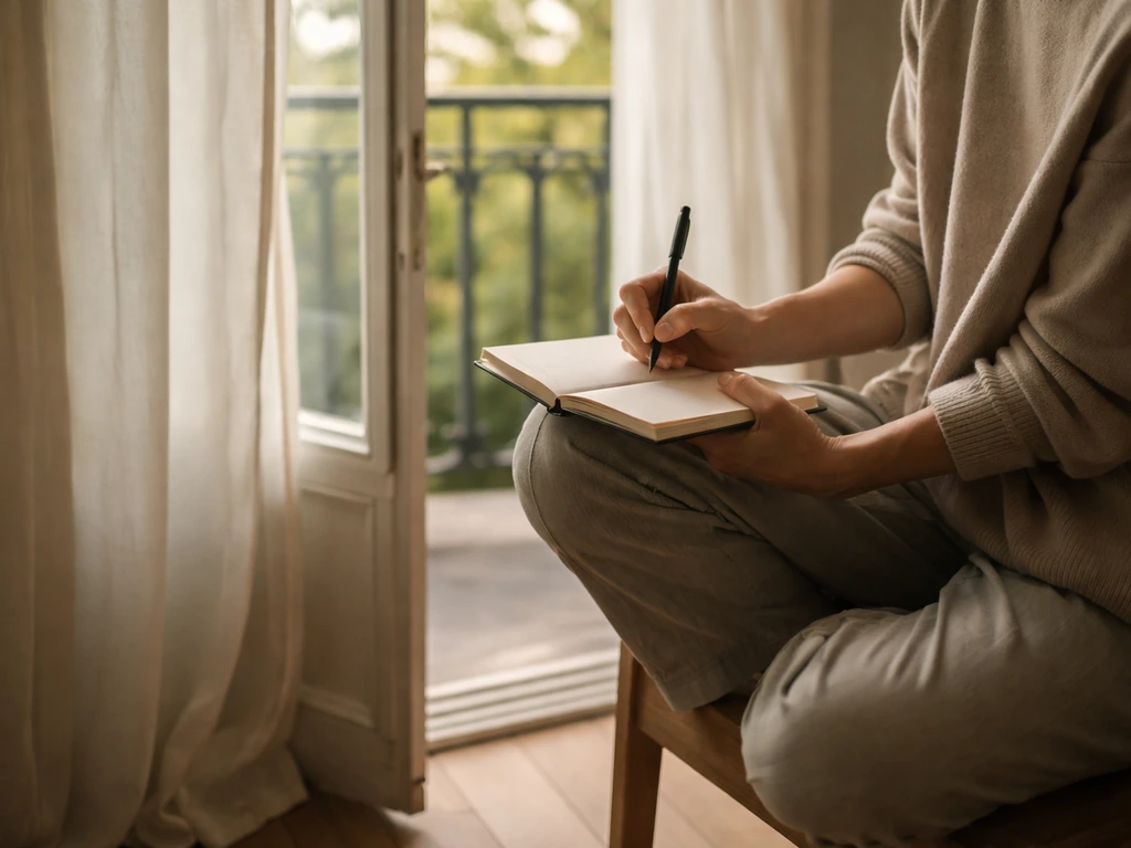 Anonymous person quietly writing in a blank notebook beside an open window, calm and reflective.