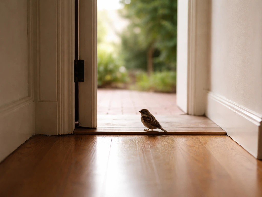 A small bird perched inside an open front doorway, suggesting it entered the home unexpectedly.