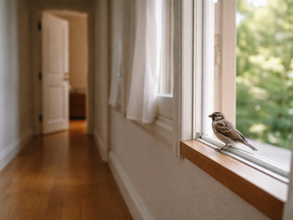 Wild bird perched near an open window inside a home, showing an entry-point near the threshold.