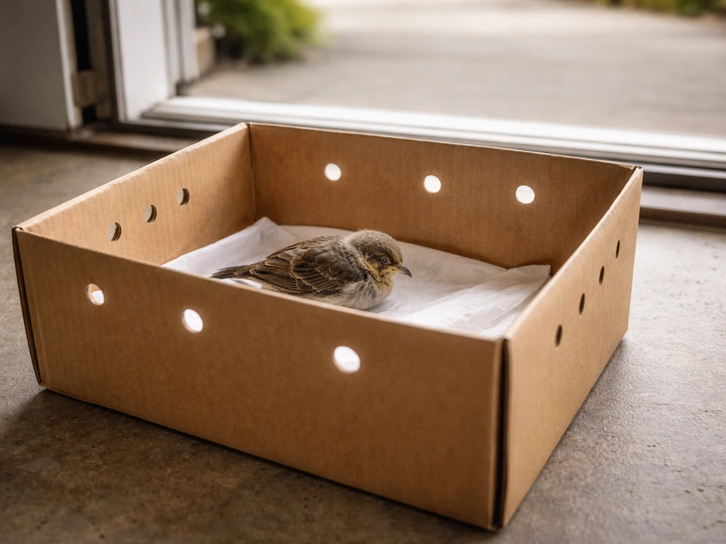 Injured small bird in an air-holed ventilated box on a stable surface near an open door