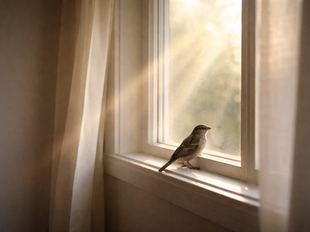 A small bird perched by a sunlit window with soft radiant light beams in a calm, airy room.