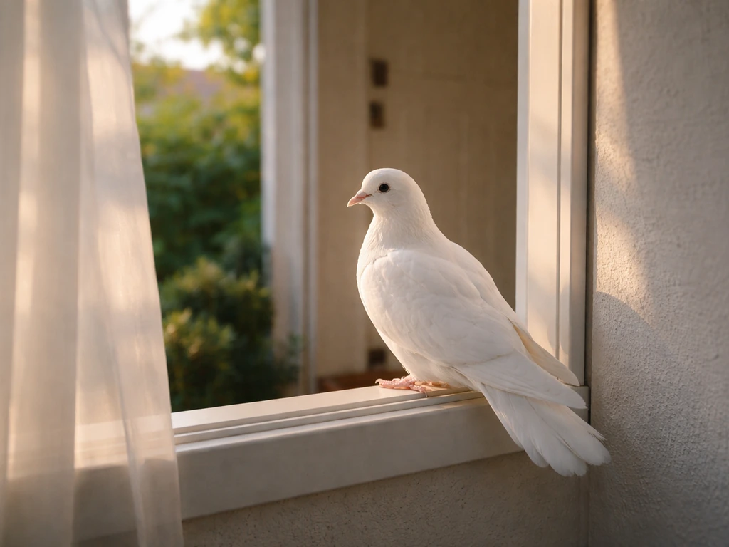 A white dove-like bird perched by an open home window in soft morning light.