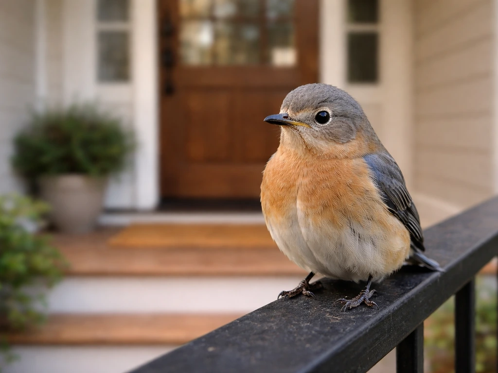 A small bird perched on the edge of a front door with a quiet home entrance in the background.