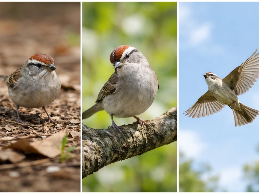 Small bird hopping on ground, perching on a branch, and flying overhead in natural light.