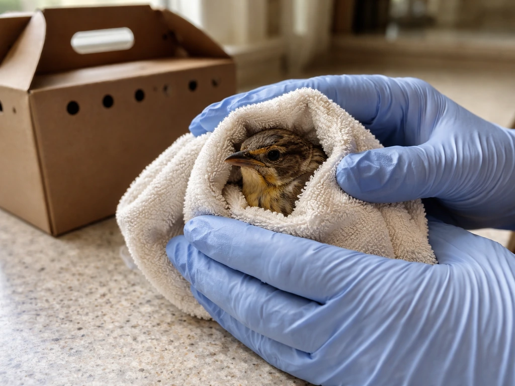 Gloved hands gently wrap a small wild bird in a towel beside a ventilated carrier.