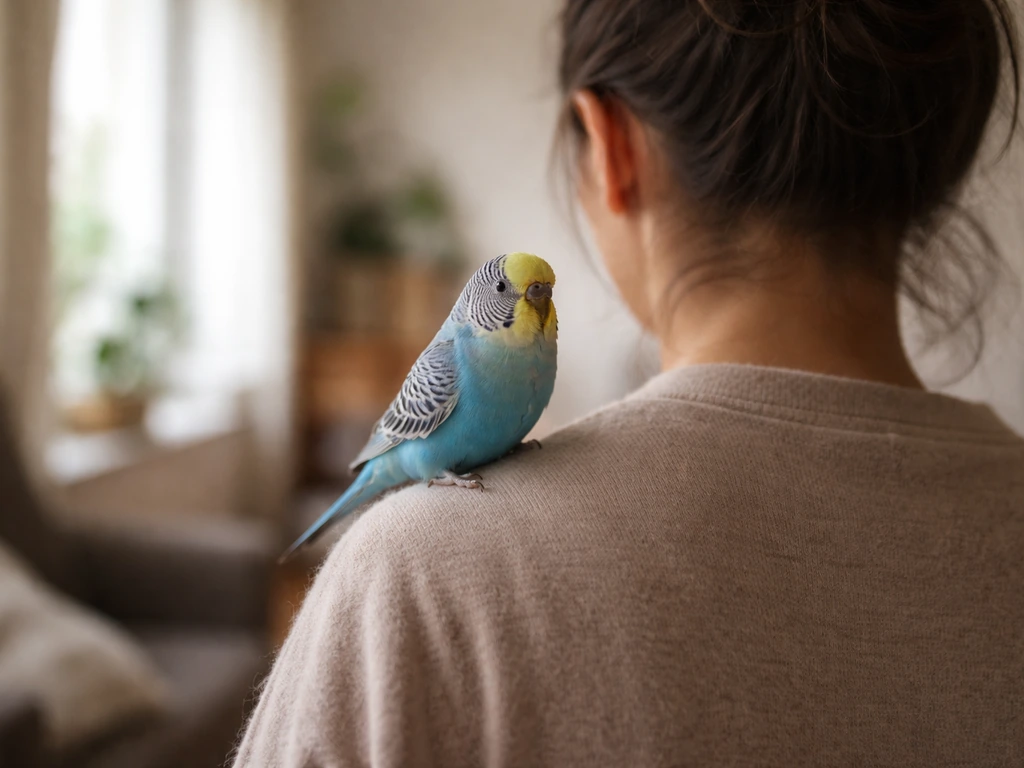 A small pet bird perched near a caregiver’s shoulder, following them through a softly lit living room.