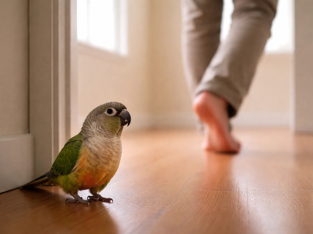 A small parrot calmly tracks a person moving through a bright, simple room, bird focused in close-up.