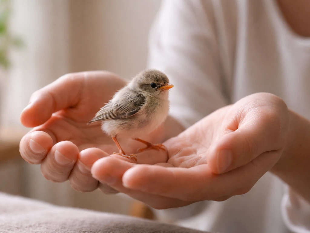 A small hand-raised bird steps onto a caregiver’s offered hand during calm early interaction.
