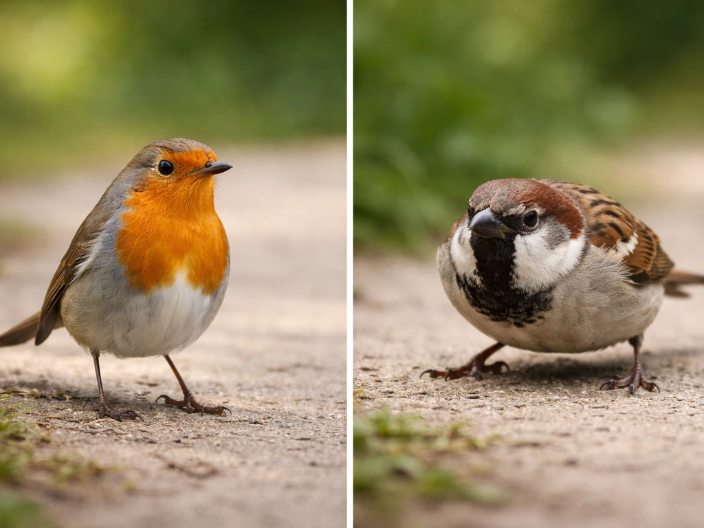 Side-by-side birds: one relaxed and loosely following, the other tense and anxious in alert posture.