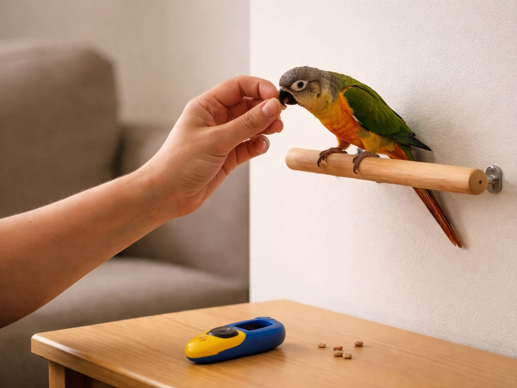 Caregiver rewards a parrot for stepping onto a designated perch during a calm training session.